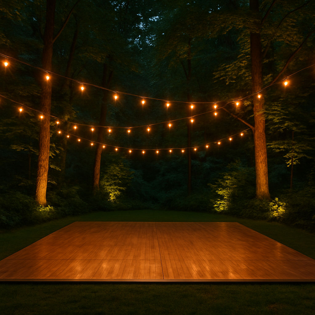Pista de dança ao ar livre com luzes quentes entre as árvores ao entardecer